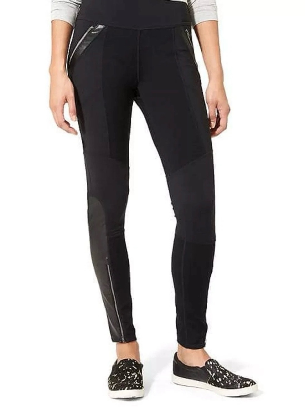 Athleta Black Slim Ponte Leggings with Paneled & Faux-Leather Accents
